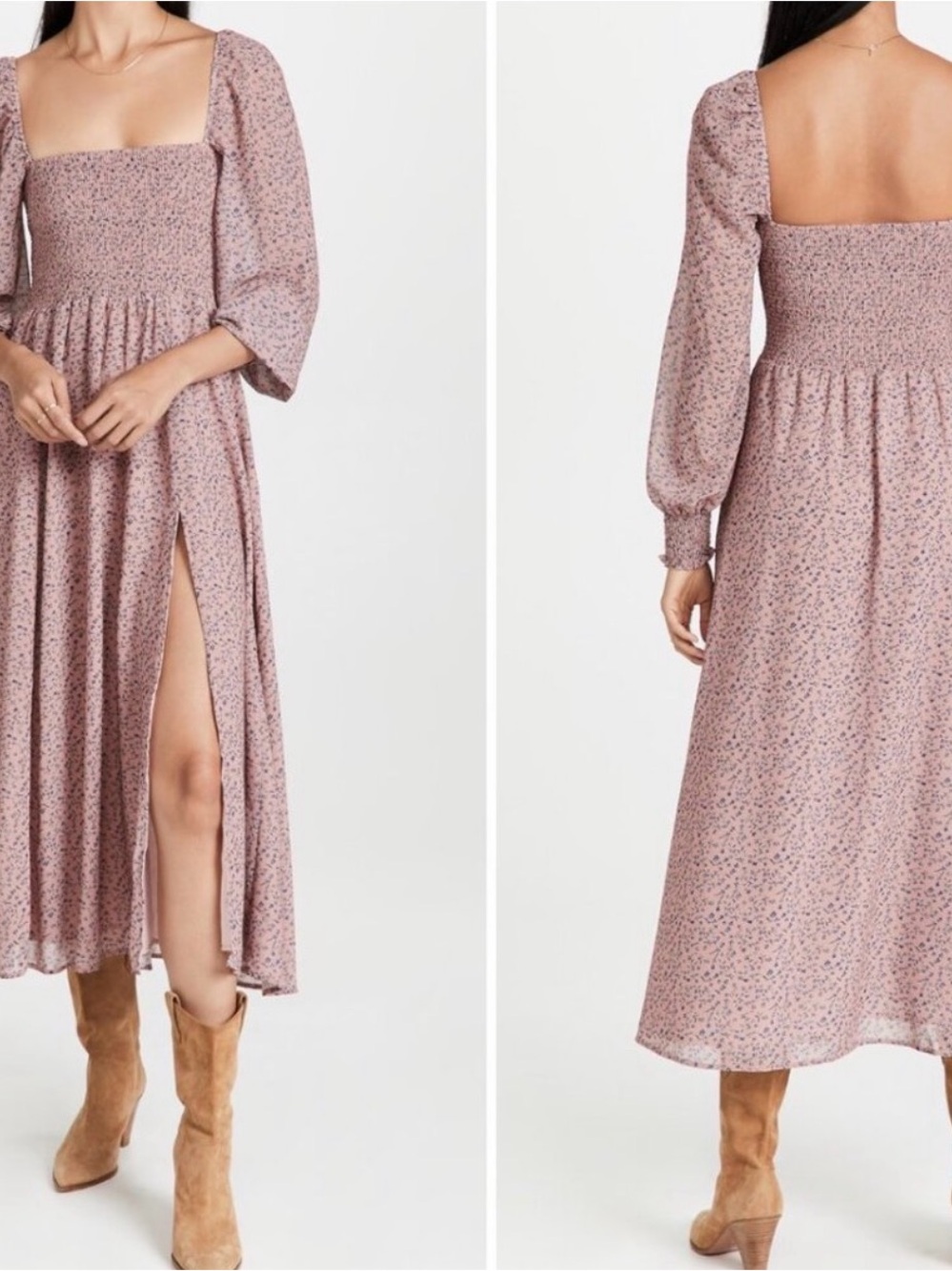 Opt Smocked Square-Neck Midi Dress in Dusty Rose